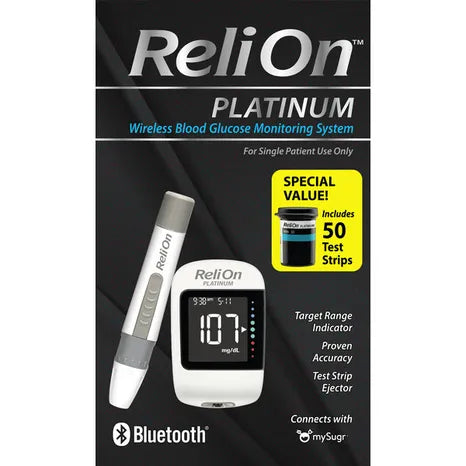 ReliOn™ Platinum Blood Glucose Monitoring Kit – Bluetooth Enabled, 50 Test Strips, Lancing Device, 10 Lancets, Carrying Case