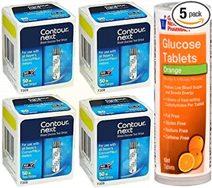 Contour Next Test Strips (Diabetic) 4 Boxes of 50/each box(total 200 Counts)  with Glucose Tablets 10ct